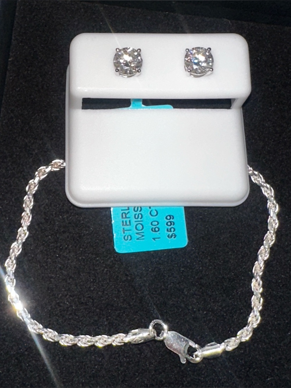 SET of Sterling Silver Moissanite 1.60 Stud Earrings and 7” Rope Chain Bracelet